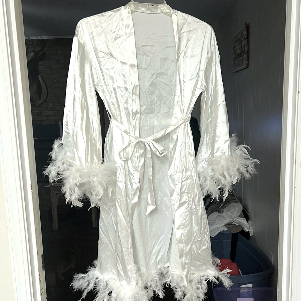 White Feather Trim Satin Robe